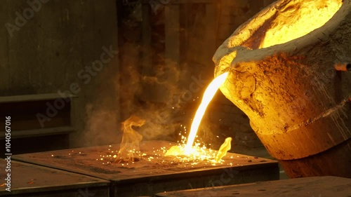 Red-hot steel is poured from large cat into special mold for manufacture of parts at metallurgical plant. A steel mill at moment of casting mold with hot metal and fire in close-up. Slow motion 120fps