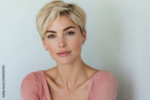 Young woman with short blonde hair wearing a light pink sweater posing agains...