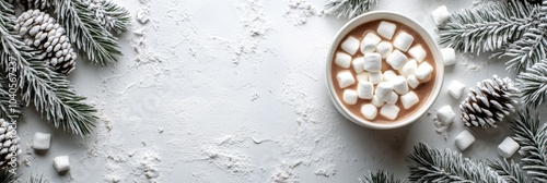 Warm cup of hot chocolate with marshmallows surrounded by festive decorations...