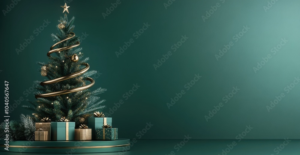 Elegant 3D render of a Christmas tree with golden spirals and wrapped presents in a serene teal setting Elegant 3D render of a Christmas tree with golden spirals and wrapped presents in a serene teal setting