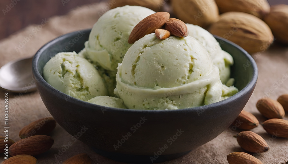 bowl of pistachio ice cream with almonds bowl of pistachio ice cream with almonds