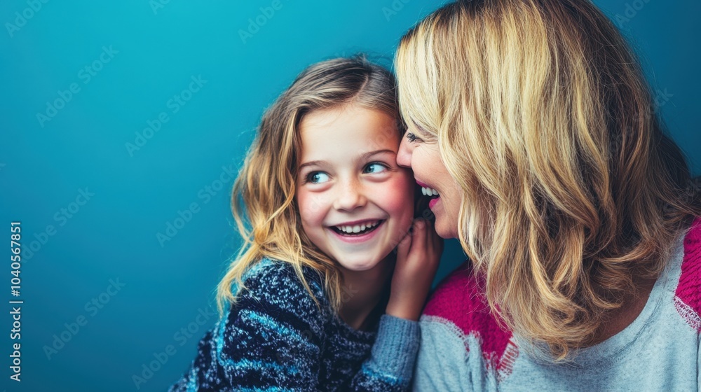 Smiling daughter leaning in to whisper to her mother, simple composition with minimal distractions. Smiling daughter leaning in to whisper to her mother, simple composition with minimal distractions.