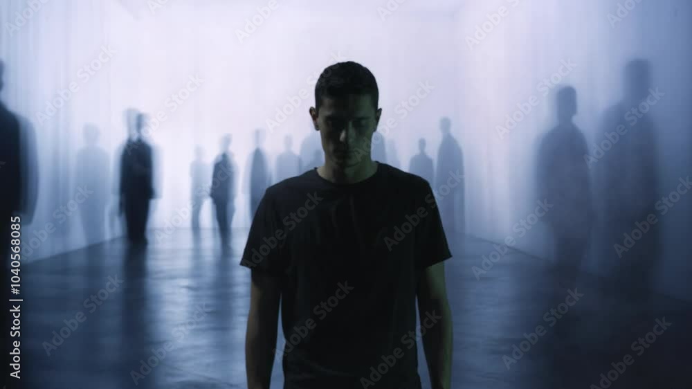 Solitary Man Standing Among Ghostly Figures In Misty Room Dark Surreal Isolation Solitary Man Standing Among Ghostly Figures In Misty Room Dark Surreal Isolation