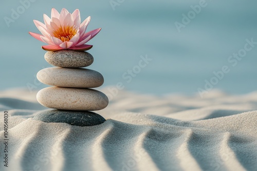 A serene pink lotus flower on stacked pebbles in gentle rippling sand