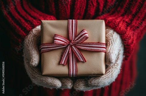 Santa Claus holding a gift with red and white ribbon during the holiday season