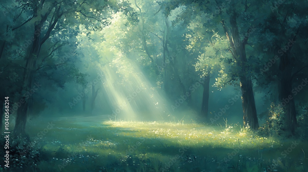 A tranquil evening in a forest glade, with the last rays of sunlight filtering through the trees and a soft mist rising from the ground A tranquil evening in a forest glade, with the last rays of sunlight filtering through the trees and a soft mist rising from the ground