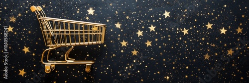 Golden shopping cart surrounded by shining stars on a dark background during ...