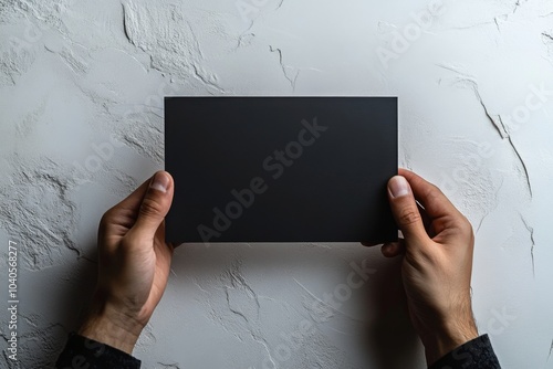 A hand holding a blank card near green leaves against a soft natural background