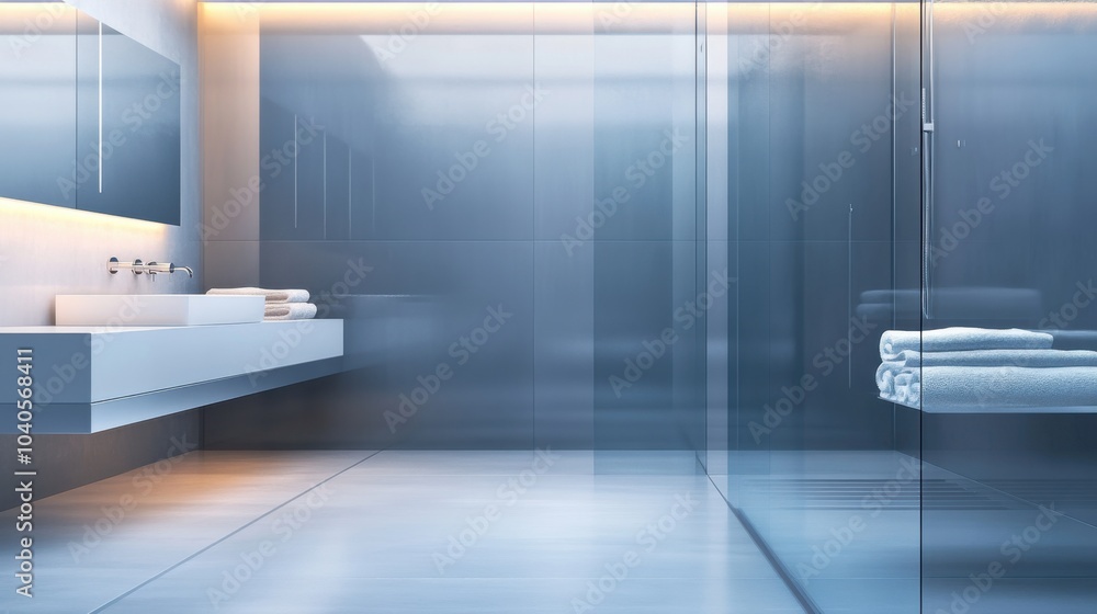 Fototapeta premium A minimalist, high-end bathroom with a glass shower, floating vanity