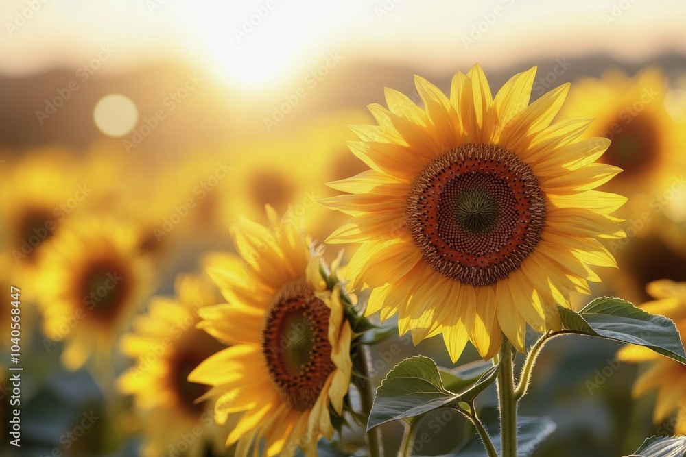 Fototapeta premium Sunflowers blooming under the warm sun in a vibrant field during golden hour