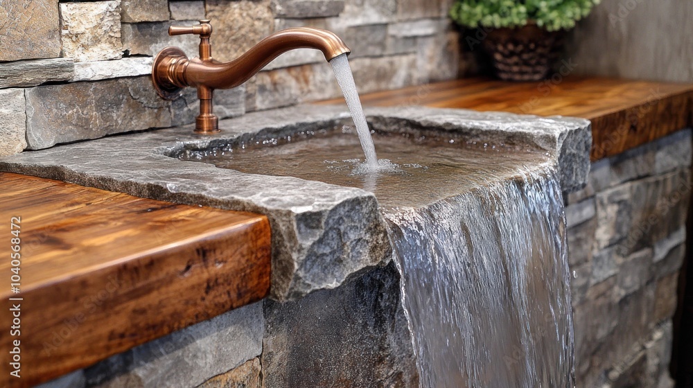 Rustic sink with flowing water and stone backdrop. Rustic sink with flowing water and stone backdrop.