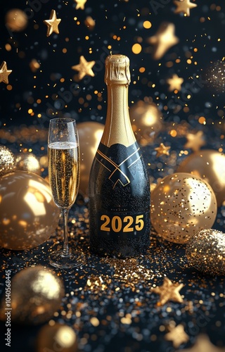 Festive New Year celebration setup with champagne and golden decorations for ...