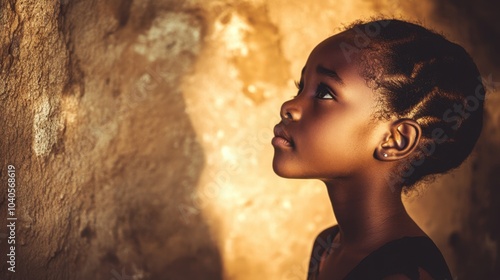 an African girl with a pensive expression, standing by a clay wall of a rural house, with the scene softly lit in the late afternoon sun