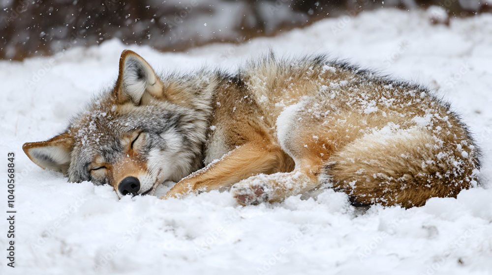 Obraz premium Peaceful Wolf Sleeping in Snowy Winter Landscape Photography - A tranquil wolf peacefully sleeping on a snowy ground, surrounded by a pristine winter landscape