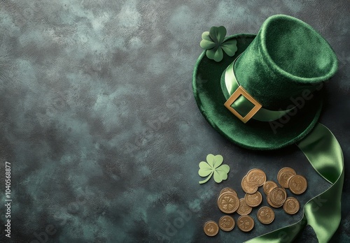 A finely crafted green hat with a bow sits next to shiny gold coins
