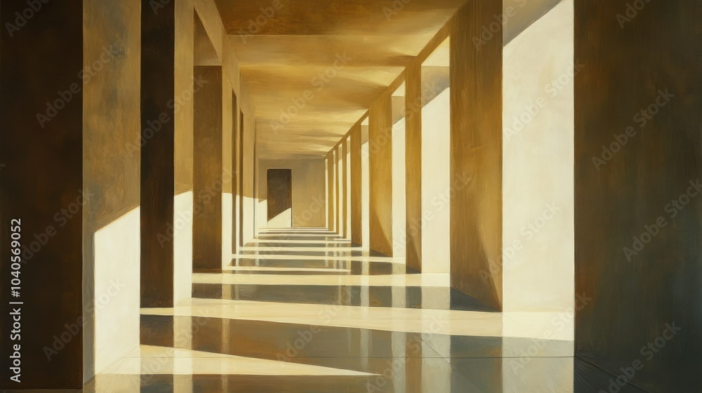 Fototapeta premium A Perspective of a Long, Light-Filled Corridor with Vertical Columns