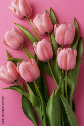 Fresh pink tulips arranged with lush green leaves on a vibrant pink background