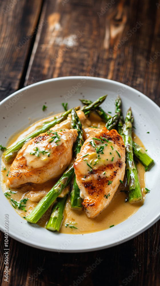 Grilled chicken breast and asparagus spears in a creamy lemon sauce, served on a white plate on a rustic wooden table Grilled chicken breast and asparagus spears in a creamy lemon sauce, served on a white plate on a rustic wooden table