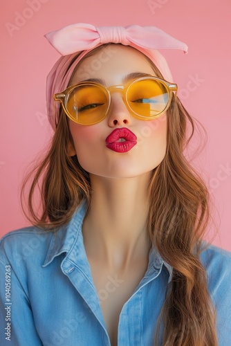 Young woman poses playfully with pink headband and retro sunglasses against a...
