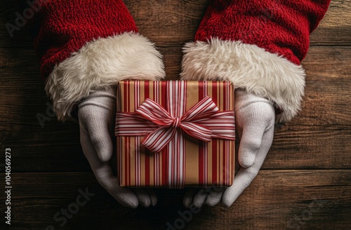 Santa Claus holding a gift with red and white ribbon during the holiday season