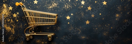 Golden shopping cart surrounded by shining stars on a dark background during ...