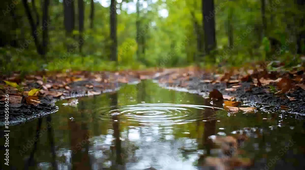 A tranquil forest during a light rain, with raindrops gently falling on leaves, creating ripples in small puddles along a winding path A tranquil forest during a light rain, with raindrops gently falling on leaves, creating ripples in small puddles along a winding path