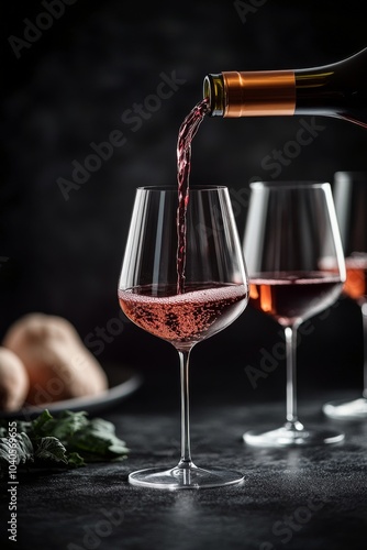 Pouring vibrant red wine into a glass against a textured black background dur...