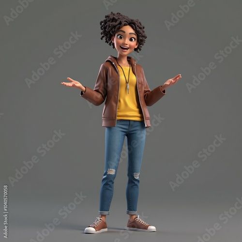 Animated woman in casual outfit with curly hair, expressing joy, vibrant character design for lifestyle or personal expression themes, cartoon illustration
