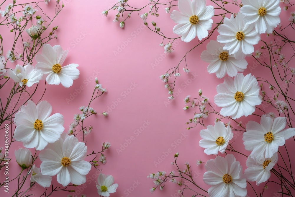 White flowers and delicate branches on a pink background creating a soft and elegant arrangement White flowers and delicate branches on a pink background creating a soft and elegant arrangement
