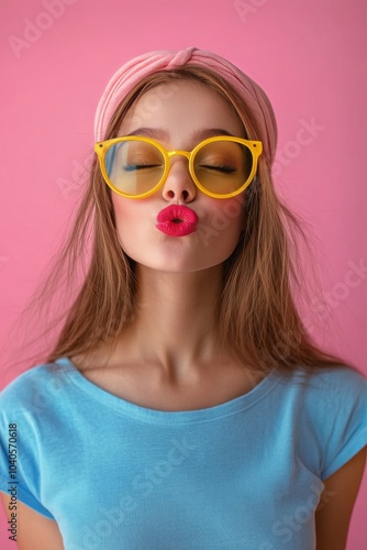 Young woman poses playfully with pink headband and retro sunglasses against a...