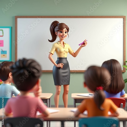 Cartoon-style teacher standing in front of a class, teaching young students. The animated character is smiling while holding a pointer, creating a friendly and educational classroom environment.
