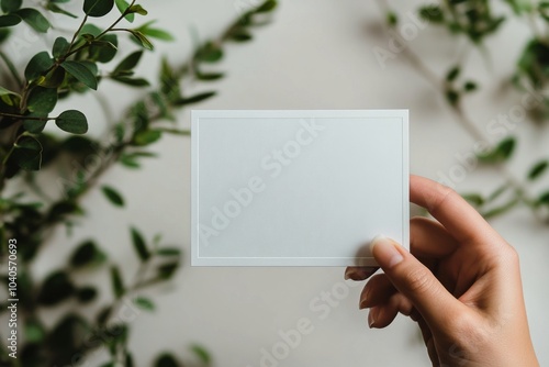 A hand holding a blank card near green leaves against a soft natural background