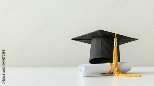 A minimalist representation of a graduation season with a neatly arranged cap and diploma on a white table, Graduation scene, Elegant style