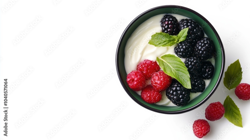 A Green Bowl of Creamy Greek Yogurt Topped With Fresh Berries on a White Background. Generative AI A Green Bowl of Creamy Greek Yogurt Topped With Fresh Berries on a White Background. Generative AI