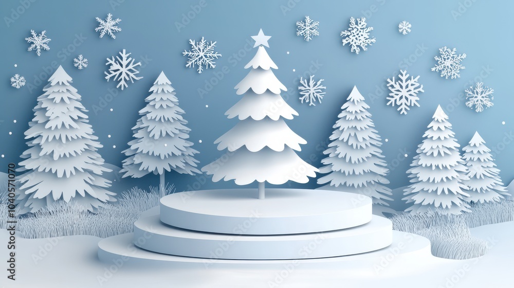 Obraz premium 3D image of a white Christmas tree on a round podium with snowflakes against a blue winter background