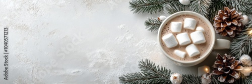 Warm cup of hot chocolate with marshmallows surrounded by festive decorations...