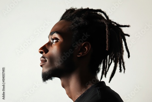 Profile of a young man with dreadlocks gazing upwards against a soft background