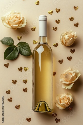 Bottle of white wine surrounded by roses and gold hearts arranged on a light ...
