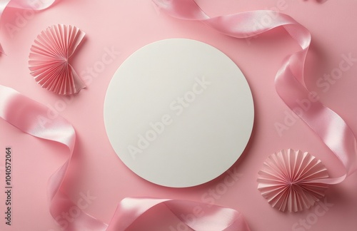 Decorative pink background with blank circle and ribbon for celebrations or i...