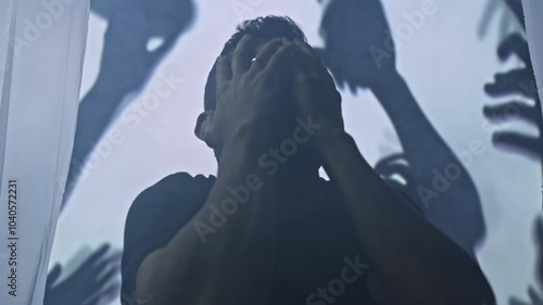 Silhouetted Man Experiencing Mental Health Anxiety Attack Shadow Hands Psychology Disorder Struggle