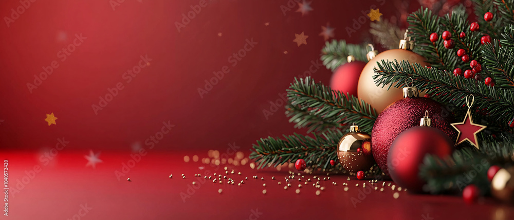 Fototapeta premium Festive Christmas Ornament Arrangement with Red and Gold Baubles and Star, Festive Christmas Ornament Arrangement with Red and Gold Baubles