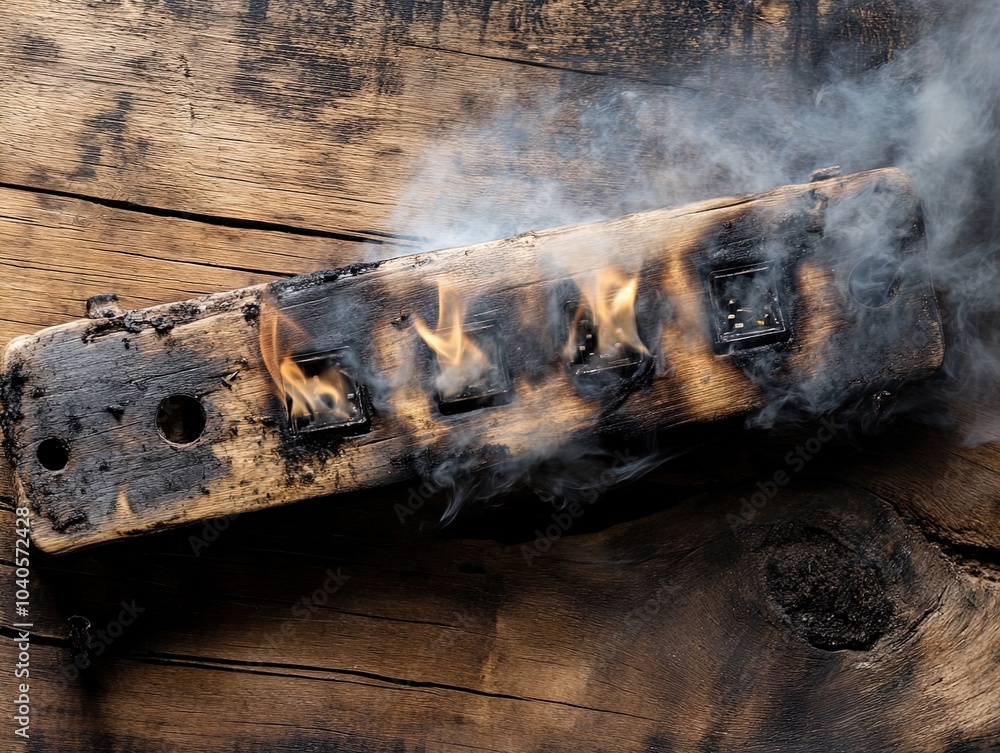 Obraz premium Urgent Fire Safety Reminder: Damaged Electric Power Strip with Smoke in Cozy Wooden Setting – Perfect as a Poster for Home Safety Awareness in Modern Interiors