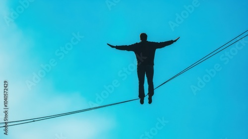 A minimalistic depiction of a person balancing on a tightrope, symbolizing the precarious balance of modern responsibilities, Highwire scene photo