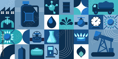 Gas and oil abstract modern vector background. Oil and gas industry geometric pattern. Vector minimalist design of oil factory, fuel or petroleum plant, pipeline and gasoline