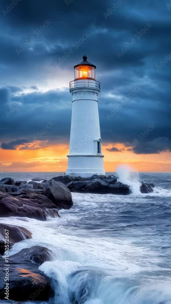 The lighthouse illuminates the rocky shore as waves thunder against the base, creating a dramatic coastal ambiance at dusk. Vertical video The lighthouse illuminates the rocky shore as waves thunder against the base, creating a dramatic coastal ambiance at dusk. Vertical video