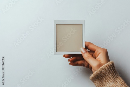 A person holding a blank black card against a plain background during dayligh...