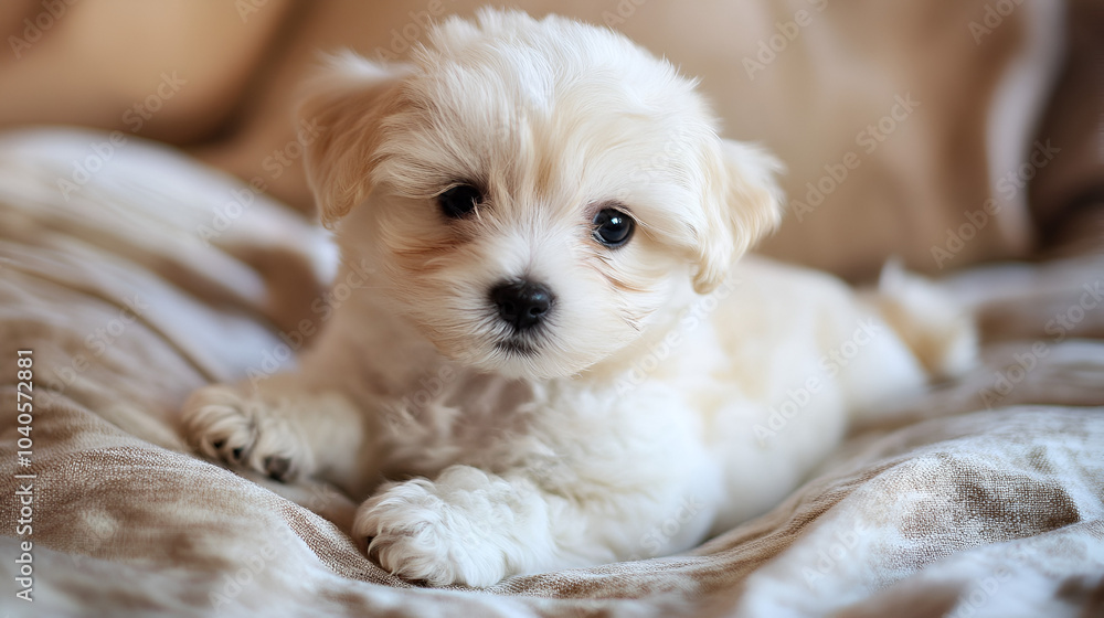 Adorable Fluffy Puppy Relaxing on Cozy Blankets - embodying feelings of warmth, comfort, and innocence. Perfect for pet lovers and animal-themed designs Adorable Fluffy Puppy Relaxing on Cozy Blankets - embodying feelings of warmth, comfort, and innocence. Perfect for pet lovers and animal-themed designs