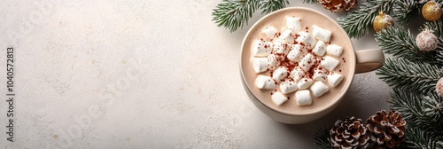 Warm cup of hot chocolate with marshmallows surrounded by festive decorations...