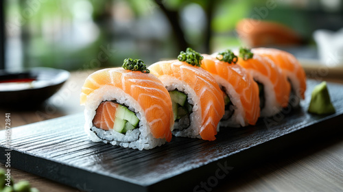 Sushi rolls arranged neatly on black wooden plate, showcasing fresh salmon and cucumber. This vibrant dish highlights artistry of Japanese cuisine, perfect for food lovers