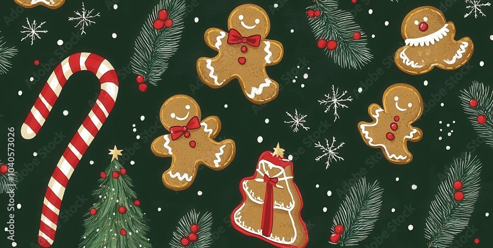 Festive Christmas pattern with gingerbread cookies, candy canes, and holiday elements on dark background Festive Christmas pattern with gingerbread cookies, candy canes, and holiday elements on dark background